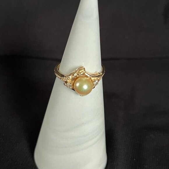 Vintage 1940's Japanese Akoya Golden Pearl & White Topaz 10K Gold Ring sz 5 - Picture 2 of 8